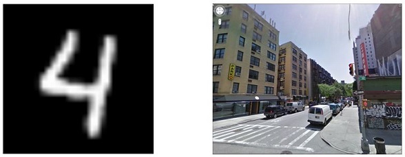Left: Sample from the MNIST dataset. Right: Sample from the Google Street View dataset.