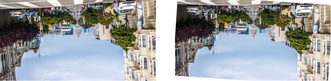 Left: Upside-down version of the original image. Right: Image corrected with Lightroom's Level tool.